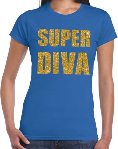 Super Diva gouden glitter tekst t-shirt blauw dames - dames shirt Super Diva XS
