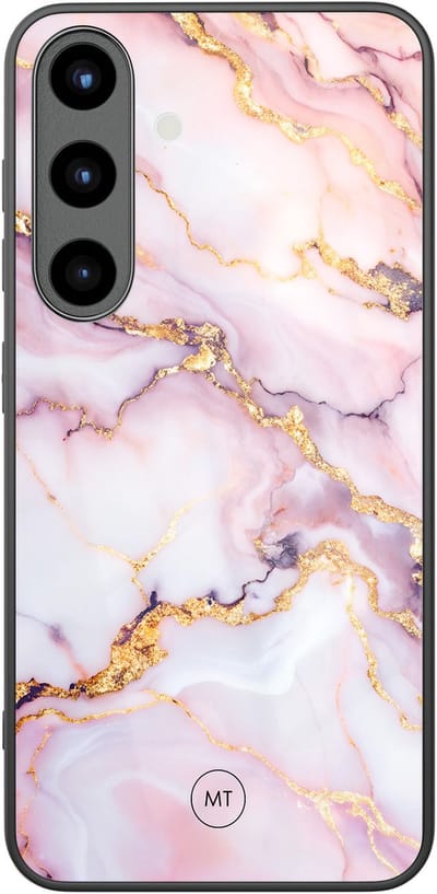 Hoesje geschikt voor Samsung Galaxy S25 - Marble pink - Hard Case Zwart Back Cover - Marmer - Roze - Mooie Telefoonhoesjes