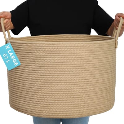 OrganiHaus Ronde Geweven Mand, Geweven Wasmand, Grote Opbergmand, Opbergmand voor Kinderkamer, Opbergmand voor Dekens, Kussens en Speelgoed, Opvouwbaar met Handvat - 50x33cm, Honing