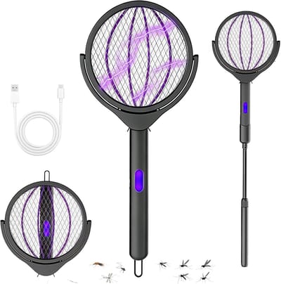 Oplaadbare elektrische insectenmepper (2800V), vliegenmepper, elektrische muggenmepper, met verstelbare telescopische steel, 90° draaibare mepperkop, geschikt voor het meppen van muggen en andere vliegende insecten.