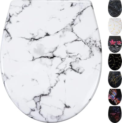 Toiletdeksel, wc-bril met automatische sluiting, wc-deksel Duroplast, wc-bril montage van boven, demontage met één klik, patroon op 3 zijden van de toiletbril gedrukt (UF81903)
