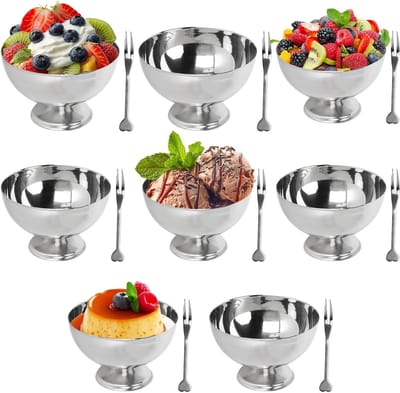 Dailygoods- IJsbekers Set van 4 - Roestvrij Staal - Herbruikbaar - Dessertkommen - Met Vork - Geschikt voor IJs/Sorbet/Mousse - Dessertkom