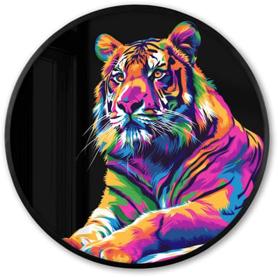 Poster in lijst Rond - Fotolijst 60x60 cm - Posters - Tijger - Kleurrijk - Dieren - Zwart - Neon - Ronde posterlijst zwart - Decoratie - Wanddecoratie woonkamer - Muurdecoratie slaapkamer