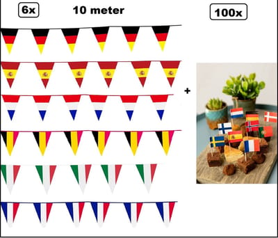 Vlaggenlijn landen set - 6x 10 meter met 100 internationale vlaggetjes - WK voetbal