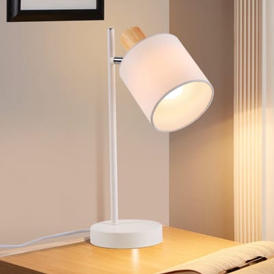 NETTLIFE Tafellamp hout - E14 Fitting - Wit - Vintage - draaibaar Tafellamp 35,5cm - Stoffen lampenkap - met schakelaar kabel en stekker - voor woonkamer | kantoor | slaapkamer - Zonder lichtbron