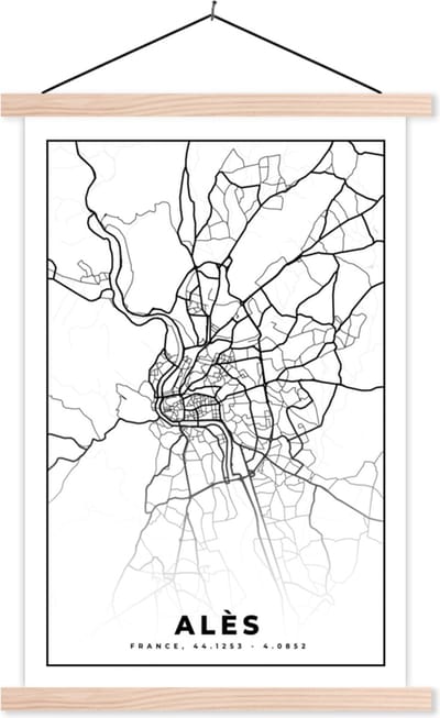 Posterhanger incl. Poster 40x60 cm - Schoolplaat - Alès - Kaart – Plattegrond – Frankrijk – Stadskaart - Zwart wit - Textielposter - Blanke latten - Stadskaart