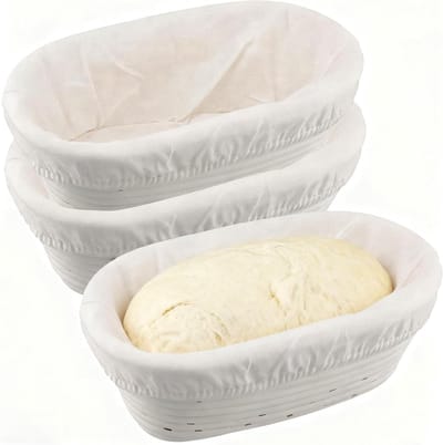 Set van 3 ovalen rijsmanden van riet voor zuurdesem, inclusief linnen voering - ideaal voor ambachtelijk bakken thuis, 25 cm