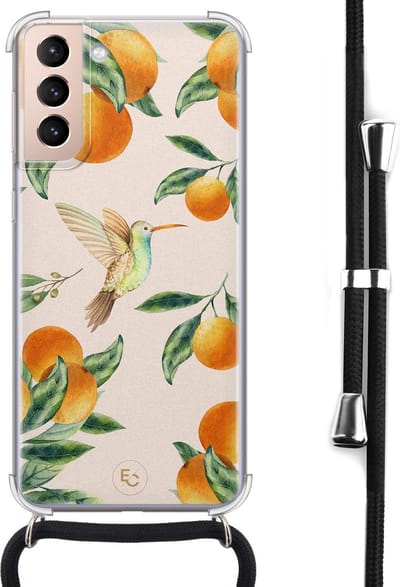 Hoesje met koord geschikt voor Samsung Galaxy S21 - Tropical fruit - Inclusief koord - Crossbody beschermhoes - Transparant, Oranje - ELLECHIQ