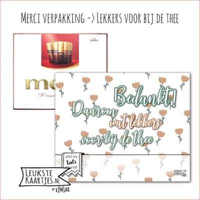 Kaartkadootje Merci -> Lekkers bij de thee - No:06 (Merci Chocolade - Bedankt, daarom lekkers bij de thee, Wit met roze bloemetjes) - LeuksteKaartjes.nl by xMar