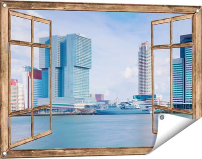 Gards Tuinposter Doorkijk Rotterdamse Skyline aan het Water - 90x60 cm - Tuindoek - Tuindecoratie - Wanddecoratie buiten - Tuinschilderij