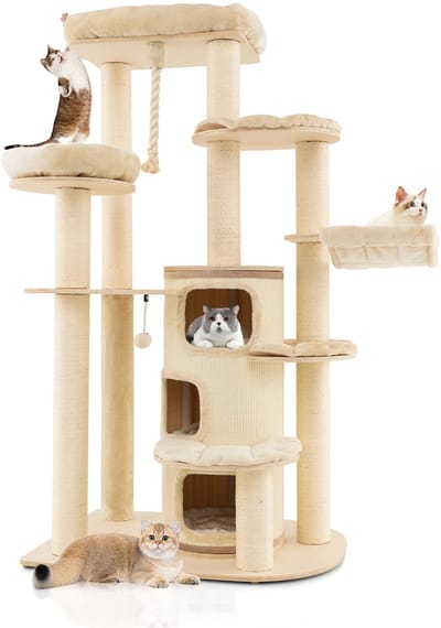COSTWAY 173 cm krabpaal van hout, grote kattenboom, kattenkrabpaal met kattenmand, matten & bal & hangtouw, activiteitenboom met meerdere verdiepingen, kattenmeubel, klimboom, kattenhuis, beige
