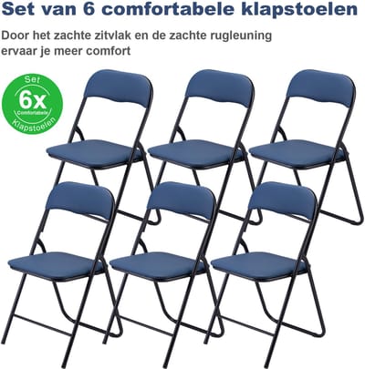 BARDI Set van 6 - Klapstoel - Vouwstoel - Opvouwbare Stoel - Comfortabel & Lichtgewicht - 100kg draagkracht - 43 x 38 x 87 cm - PVC - Eettafelstoel - BLAUW
