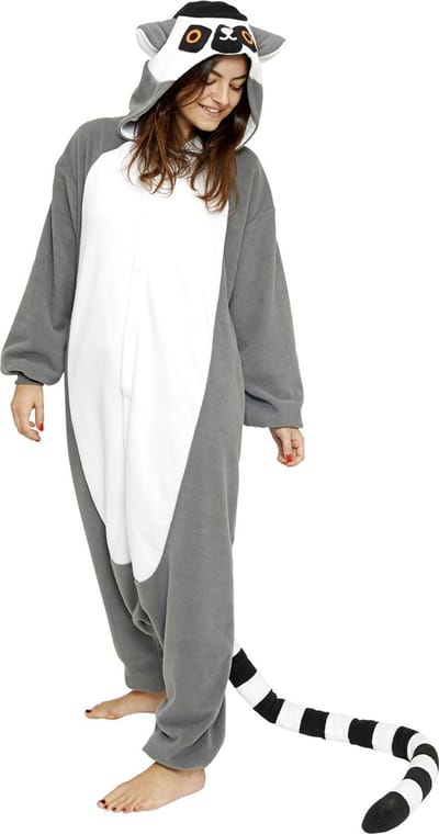 KIMU® Onesie Lemur Ringstaartmaki Pak - Maat 152-158 - Ringstaartmakipak Kostuum Grijs - Kinder Huispak Jumpsuit Pyjama Jongen Meisje Festival