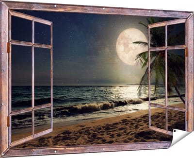 Gards Tuinposter Doorkijk Tropisch Strand in de Nacht met Volle Maan - 180x120 cm - Tuindoek - Tuindecoratie - Wanddecoratie buiten - Tuinschilderij