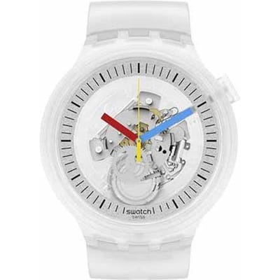 Swatch Big Bold Serie Quartz Uurwerk Transparante Skeleton 30m Waterbestendig Horloge 47mm Skeleton Wijzerplaat Kunststof Kast Siliconen Band Unisex horloges SB01K100 Transparent Watch Case white