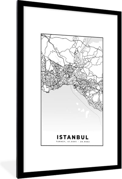 Fotolijst incl. Poster Zwart Wit- Istanbul - Plattegrond - Stadskaart - Zwart Wit - Kaart - 60x90 cm - Posterlijst