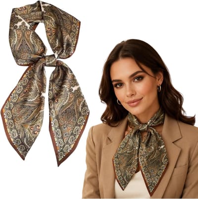 Halstuch Damen Seidentuch Nickituch Schal, 150 x 15 cm Lichtgewicht Bandana Dames Voor Haar Hals Tas Elegant Modieuze Sjaal Zomersjaal Dames Bruin Olijf Paisley Vintage Haarband Accessoire