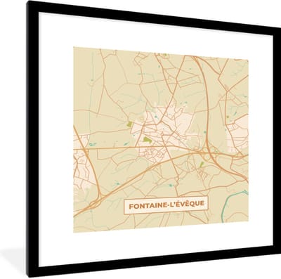 Fotolijst incl. Poster - Vintage - Fontaine-L'Évêque - Kaart - Plattegrond - Stadskaart - 40x40 cm - Posterlijst