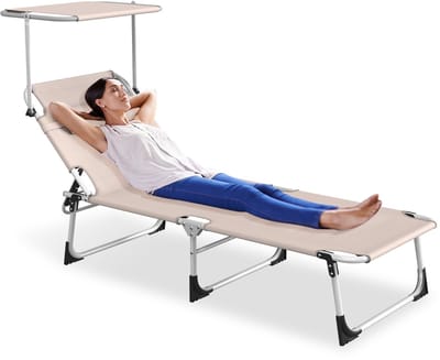 ACXIN Ligstoel Inklapbaar - Khaki - Tuin Ligstoel met Verstelbaar Zonnescherm - 600D Oxford Stof - 194x68x30 cm - Hoofdsteun Zijvak - Tuin Strand Camping Terras