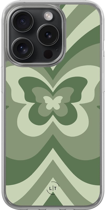 Hoesje geschikt voor iPhone 15 Pro - Retro vlinder groen - 2in1 backcover - Print / Illustratie - Groen - Leuke Telefoonhoesjes