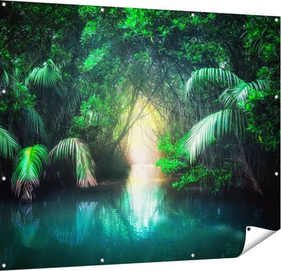 Gards Tuinposter Tropische Jungle met een Turquoise Meer - 150x120 cm - Tuindoek - Tuindecoratie - Wanddecoratie buiten - Tuinschilderij