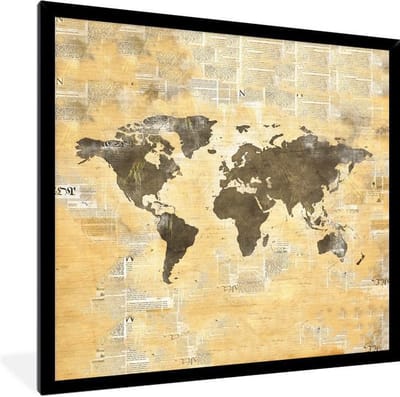 Poster in lijst - Fotolijst 40x40 cm - Posters - Wereldkaart - Waterverf - Vintage - Posterlijst zwart - Decoratie - Wanddecoratie woonkamer - Muurdecoratie slaapkamer