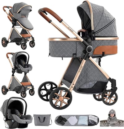 3-in-1 Kinderwagen - Reiswieg Zitting - Veilig Vervoer - Vierwiel Schokdemping - 82 x 61 x 105 cm - Grijs