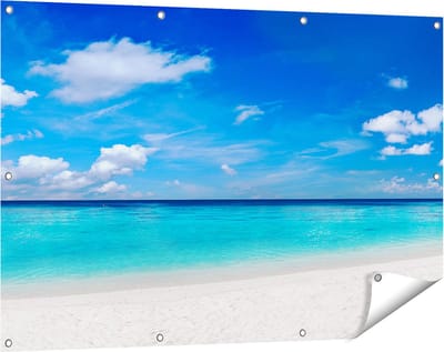 Gards Tuinposter Tropisch Strand met een Palmboom - 120x80 cm - Tuindoek - Tuindecoratie - Wanddecoratie buiten - Tuinschilderij