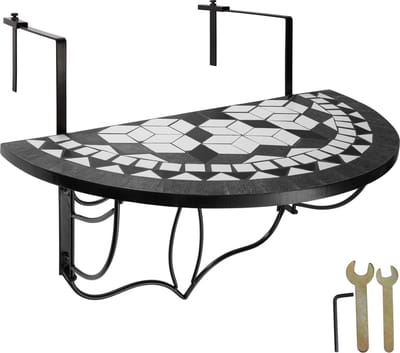 tectake® Balkonhangtafel - Mozaïek, Halfrond Design - Opklapbare Balkontafel met Massief Stenen Mozaïk Tafelblad - Balkontafel met Metalen Haken - Hangtafel voor Terras en Balkon - Zwart/Wit