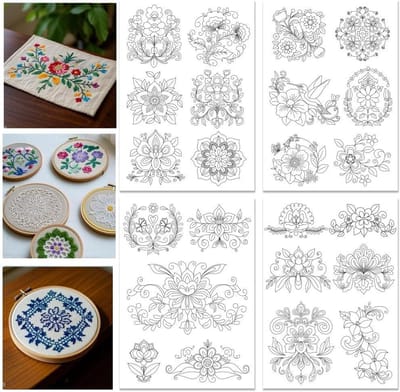 ORIGACH 4 vellen grote, in water oplosbare borduurpatroonstabilisatoren – voorgedrukte Scandinavische bloemendesigns – borduurpapier voor liefhebbers van handnaaien