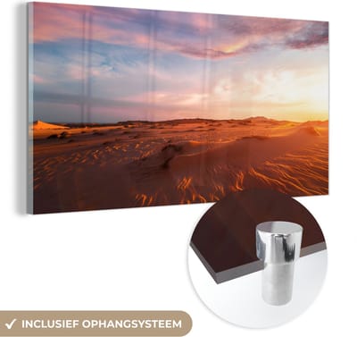MuchoWow® Glasschilderij 40x20 cm - Schilderij acrylglas - Zand - Landschap - Lucht - Woestijn - Foto op glas - Schilderijen