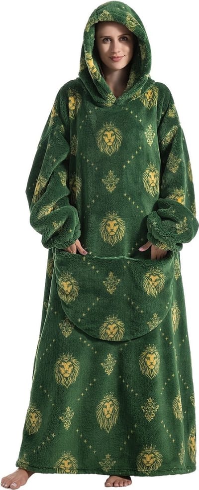 Livano Hoodie Deken Met Mouwen - Onesie - Fleece Blanket - Dames - Heren - Kinderen - Plaid - Knuffeldeken - Extra Zacht & Warm - Groene Leeuw
