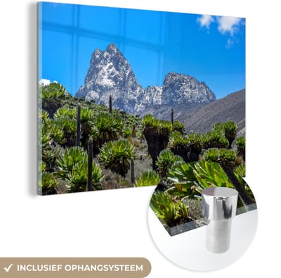 ® Glasschilderij 180x120 cm - Schilderij acrylglas - Afrikaans landschap bij de Mount Kenya met een blauwe hemel - Foto op glas - Muurdecoratie woonkamer - Wanddecoratie slaapkamer - Schilderijen