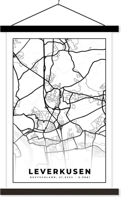 Posterhanger incl. Poster 40x60 cm - Schoolplaat - Plattegrond - Leverkusen - Kaart - Stadskaart - Textielposter - Zwarte latten - Stadskaart