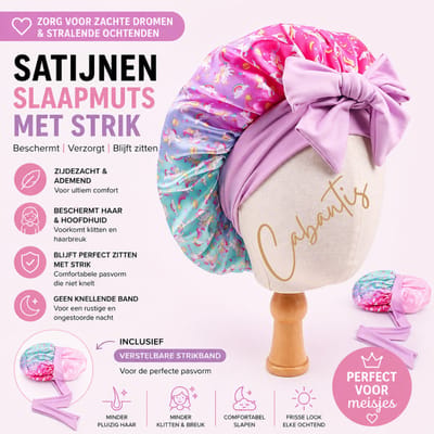 Cabantis® Kinder Slaapmuts Satijn – Anti Pluis & Klitten – Zachte Bonnet voor Krullen – Beschermt Haar tijdens Slapen – Comfortabele Pasvorm - Met strik Unicorn Paars Roze