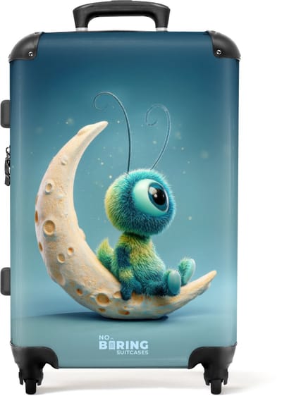 NoBoringSuitcases.com - Grote koffer - Blauwe monster op de maan - Kinderkoffer geschikt voor jongen en meisjes - Reiskoffer met 4 wielen - Trolley op wieltjes - Rolkoffer groot kinderen - 72 liter - Ruimbagage valies 20kg
