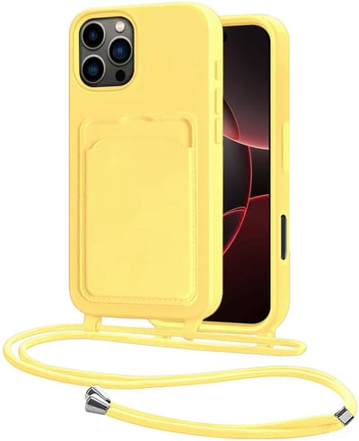 Hoes Geschikt voor iPhone 16 Pro Hoesje Pasjeshouder Cover Met Koord Case Siliconen Hoes Met Telefoonkoord en Kaarthouder - Geel