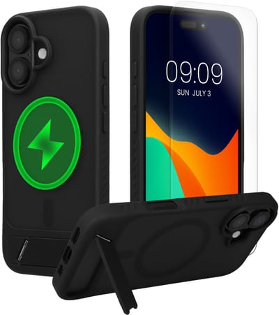 kwmobile Hoesje voor Apple iPhone 16 - Compatibel met MagSafe - Hoesje met standaard en screenprotector van gehard glas - zwart / mat transparant