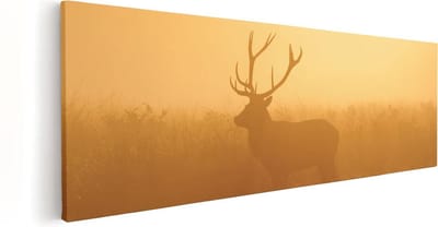Artaza Canvas Schilderij Hertenkop Met Gewei - 60x20 cm - Wanddecoratie Dieren - Muurdecoratie Mistige Zonsopgang - Kamer Accessoires
