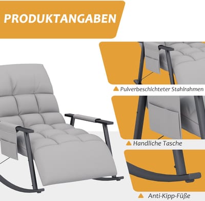 Relaxfauteuil Schommelstoel Met Voetsteun Verstelbare Rugleuning En Zijvak Voor Woonkamer En Rustmomenten Grijs Microvezel