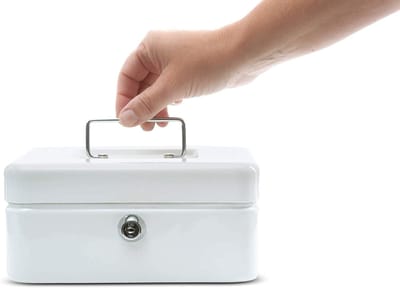 Money cassette made of steel, 15 x 12 x 8 cm, lockable, removable coin compartment, cash register with 2 keys, ideal as a money box, money compartment, safe, small cash compartment, white
