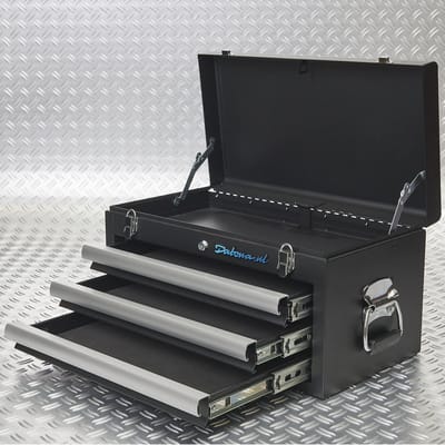 Datona® Matzwarte Gereedschapskist - 3 Lades en Extra Opbergvak - Kogelgelagerde Lades en Cilinderslot - Compact en Stevig