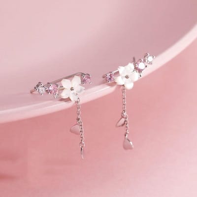 925 Sterling Zilver Romantisch Roze Kersenbloesem Schelp Kwast Oorbellen voor Vrouwen Meisjes Feest Hangende Oorbellen Sieraden Cadeaus S-E1248 white