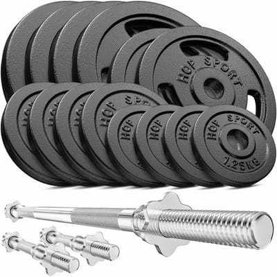 Hop Sport – Halterset 79 kg – Lange Halterstang 167 cm – 2 Korte Halterstangen 40 cm – Gietijzeren Halterschijven 30 mm