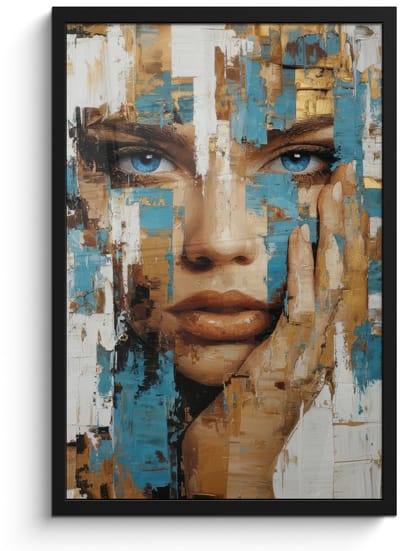 Poster in lijst - Fotolijst 40x60 cm - Posters - Abstract - Penseelstreken - Blauw - Gezicht - Posterlijst zwart - Decoratie - Wanddecoratie woonkamer - Muurdecoratie slaapkamer