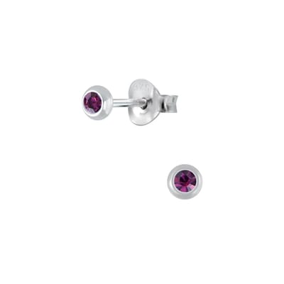 Joy|S - Zilveren mini rond oorbellen - 3 mm - paars kristal - voor kinderen