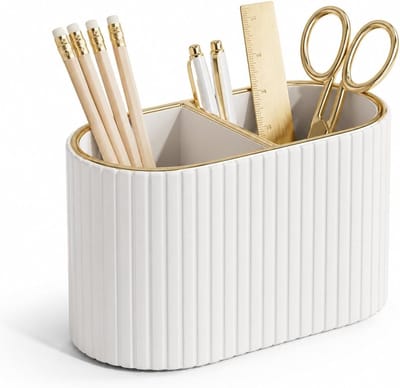 SnelShoppen - Pennenorganizer Ovaal - Luxe Pennenhouder Bureau met 2 Vakken - PU-Leren Desk Organizer - Ivoorwit Kleur voor Kantoor en Thuisgebruik