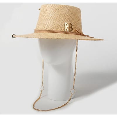 Chapeau de Paille à Large Bord avec Sangle Chaînette Protection UV Léger Respirant Vintage Chapeau d'Été pour Vacances en Plein Air à la Plage M 56-58cm beige
