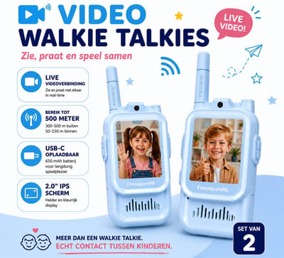 FivesquareNL Video Walkie Talkie voor Kinderen – Real-Time Videochat – 2.0" IPS Scherm – 300-500 Meter Bereik – Oplaadbaar – Set van 2 – Blauw & Blauw