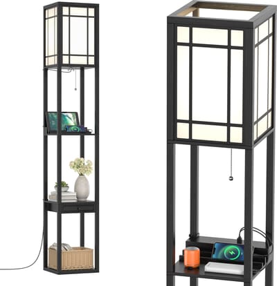 COSTWAY Houten vloerlamp, 2 USB-oplaadpoorten en 1 lade, planklamp met E27-fitting, staande lamp met planken voor slaapkamer en woonkamer, zwart